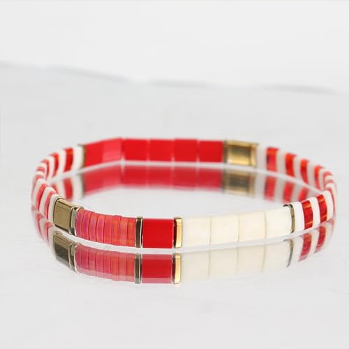Tila Beaded Stretch Strand Bracelets for Women, Cute Boho Stackable Handmade Colorful Mixed Flat Square Beads Elastic Beach Surfer Bracelet Trendy Jewelry Friend Gift - color: 0901D