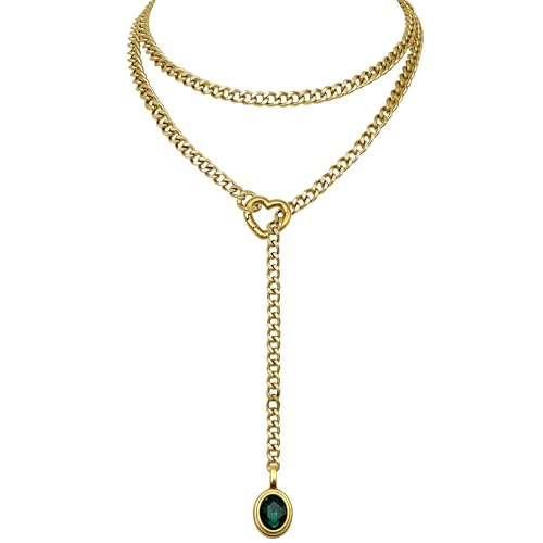 Heart Slip Chain Necklace for Women, 39 Inch Cuban Chain, Removable Heart O-Ring, Crystal Pendant, Adjustable Stainless Steel Y-Necklace - color: Gold-Green