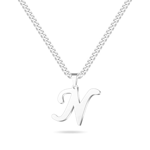 LUXEJEW Initial A-Z Letter Necklace for Men Boys Women, Stainless Steel Cuban Link Chain Letter Pendant Necklaces Capital Monogram Necklace Jewelry Gifts for Men 20+2 Inches - color: Silver, size: Letter N