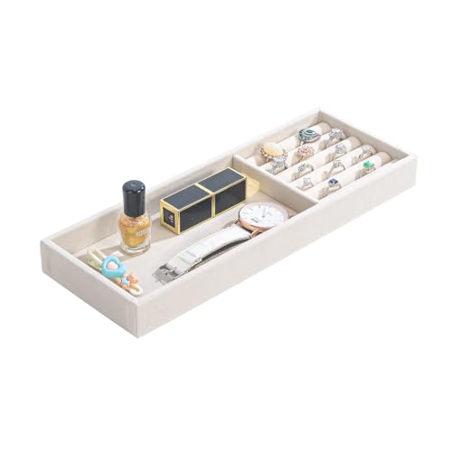 Divided Drawer Organizer Tray, Velvet Jewelry Storage Tray, Necklace Bracelet Ring Earring Display Tray,Bedside Nightstand Desk Holder Tray for Phone Watch Sunglasses Cosmetics Storage/Beige/2grid - color: Beige, size: Grid2