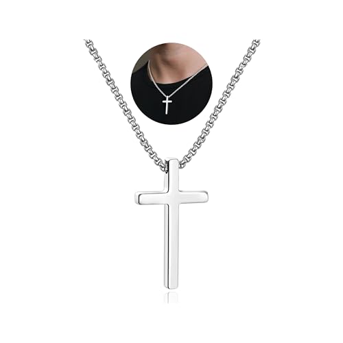 IEFSHINY Gifts for Men Boys - Stainless Steel Cross Pendant Chain Necklaces for Men, Mens 16-30 Inches Chain Gold Silver Black Cross Necklace Boys Jewelry Gifts - size: 30, style: Silver-cross pedant 0.7"*1.18"
