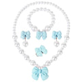 Princess Jewelry for Little Girls, Handmade Bow Pearl Kids Jewelry Set, Stretch Necklace Bracelets Rings and Clip on Earrings, Perfect for Dress Up, Birthday Parties, and Costume Play - color: Blue