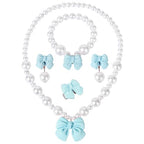 Princess Jewelry for Little Girls, Handmade Bow Pearl Kids Jewelry Set, Stretch Necklace Bracelets Rings and Clip on Earrings, Perfect for Dress Up, Birthday Parties, and Costume Play - color: Blue