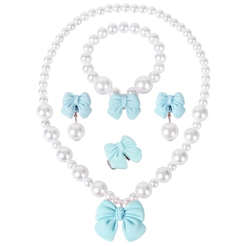 Princess Jewelry for Little Girls, Handmade Bow Pearl Kids Jewelry Set, Stretch Necklace Bracelets Rings and Clip on Earrings, Perfect for Dress Up, Birthday Parties, and Costume Play - color: Blue