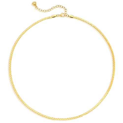 Dremmy Studios Dainty Gold Choker Necklace for Women 14K Gold Plated Coin Disc Figaro Layered Beaded Flat Mariner Sideways Cross Wishbone Link Clavicle Necklaces - style: 2.7mm Woven Chain