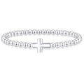 Mothers Day Gifts - Beaded Bracelets for Women 14K Silver Gold Plated Stretch Handmade Ball Bracelets Cute Charm Bracelet Dainty Stackable Cross Heart Bow Wave CZ Circle Trendy Jewelry Easter Gifts - color: cross-silver