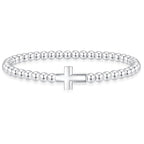 Mothers Day Gifts - Beaded Bracelets for Women 14K Silver Gold Plated Stretch Handmade Ball Bracelets Cute Charm Bracelet Dainty Stackable Cross Heart Bow Wave CZ Circle Trendy Jewelry Easter Gifts - color: cross-silver
