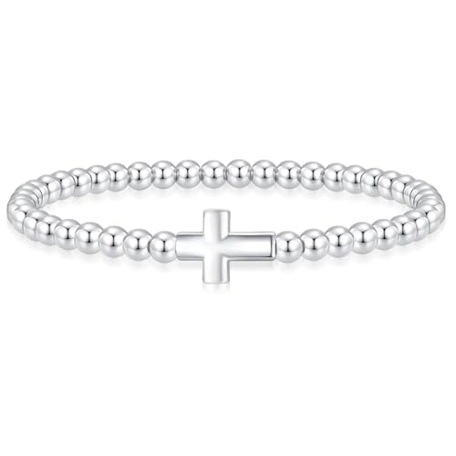 Mothers Day Gifts - Beaded Bracelets for Women 14K Silver Gold Plated Stretch Handmade Ball Bracelets Cute Charm Bracelet Dainty Stackable Cross Heart Bow Wave CZ Circle Trendy Jewelry Easter Gifts - color: cross-silver
