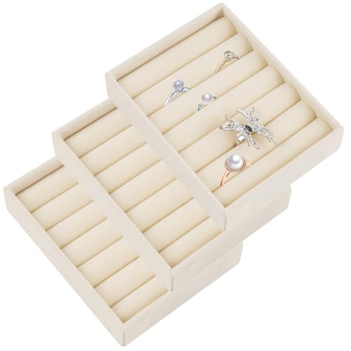 3Pcs Small Jewelry Tray Set Velvet Rings Organizers Ring Earrings Display Tray Stackable Jewelry Drawers Storage Insert Holder for Women Beige