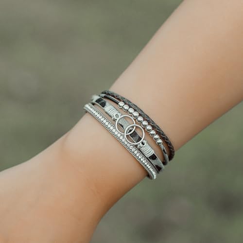 FANCY SHINY Mothers Day Gifts Boho Leather Wrap Bracelet Stackable Infinity Chunky Cuff Bracelets Western Hippie Outfits Jewelry Valentine Gifts for Women - color: Grey Leopard