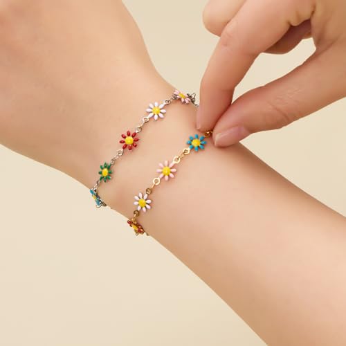 SMYHTGLIF 9.8 Feet Gold Daisy Jewelry Chain Stainless Steel Chain for Jewelry Making Colorful Flower DIY Making Findings - color: Colorful Gold