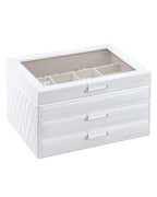 Jewelry Box with Glass Lid, Jewelry Organizer Box 3-Layer with 2 Drawers, Jewelry Boxes for Women Storage Earring Necklace Watch Bracelet and Rings - White - color: White 3-Layer