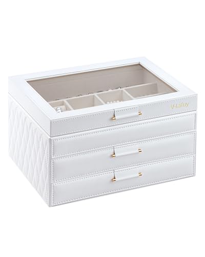 Jewelry Box with Glass Lid, Jewelry Organizer Box 3-Layer with 2 Drawers, Jewelry Boxes for Women Storage Earring Necklace Watch Bracelet and Rings - White - color: White 3-Layer
