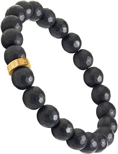 Forge & Foundry Faceted Matte Black Onyx Stone Beaded Bracelet | Custom Signature Stainless Steel Bead | ‘Pindar’ | 8mm and 10mm Bead Desgins | Refined Hand-Crafted Jewelry - color: 10mm Gold, size: Medium