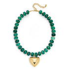 Gold Heart Pendant Necklaces for Women Colorful Acrylic Resin Beaded Choker Necklace Fashion Chunky Statement Beaded Heart Necklace - color: Dark-green