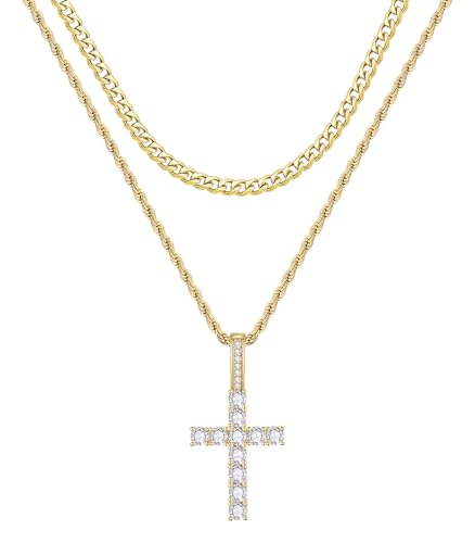 Fiusem Layered Cross Necklace for Men, Silver Tone/14K Gold Plated Mens Necklace Chain with Cubic Zirconia Cross Pendant, Stainless Steel Cuban and Rope Chain - color: Gold, size: 18/20 Inches