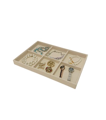 Beige Jewelry Organizer Tray 6 Compartment, Stackable Display Tray for Necklaces Bracelets Brooches Watches, Removable Dividers, Pebble Texture Finish, Drawer Insert Home Retail Trade Show - color: 6 Grid Jewelry Tray