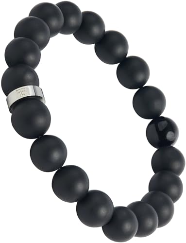 Forge & Foundry Men’s Matte Black Solid Onyx Beaded Bracelet | 10mm, 8mm, 6mm Bead Size Options | Signature Stainless Steel Engraved Bead | Andalus - color: 10mm Silver, size: Large
