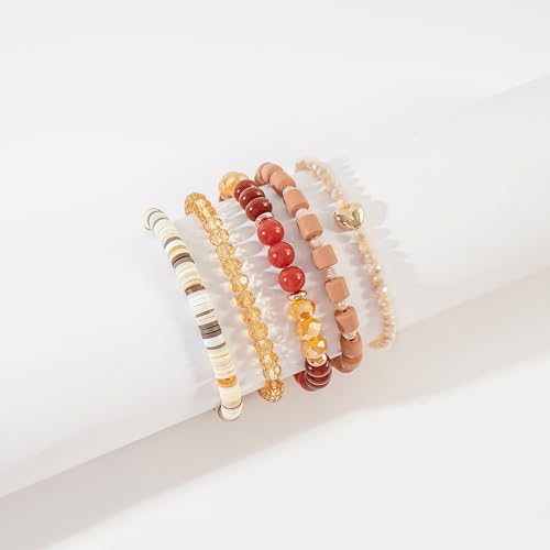 RISHEGAE Heishi Beaded Stretch Bracelets for Women Stackable Polymer Clay Beads Bracelets Friendship Boho Summer Beach Bracelet Jewelry Set - color: D-Brown Bracelet