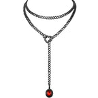 Heart Slip Chain Necklace for Women, 39 Inch Cuban Chain, Removable Heart O-Ring, Crystal Pendant, Adjustable Stainless Steel Y-Necklace - color: Black-Red