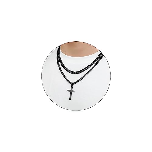 SENRAN Layered Cross Necklace for Men Boys Stainless Steel Layered Cuban Link Chain 16-24 inch Christian Cross Pendant Religious Jewelry Gifts - color: Black, style: 16inch/18inch