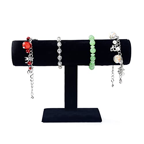 Velvet Wood One Tier Bracelet Bangle Hovering T-Bar Bracelet Holder Bracket Necklace Jewelry Display Stand for Malls Home Organization, Black