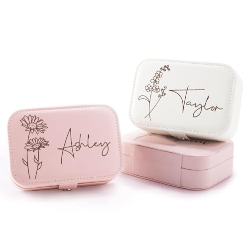 Corissy Personalized Jewelry Box for Women, Custom Travel Jewelry Case with Name and Birth Flower, Leather Jewelry Box for Rings, Earrings, Necklaces, Personalized Gifts for Women - color: Rectangle Box 01