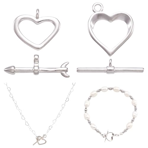 2 Sets Heart Toggle Clasps Sterling Silver OT Toggle Jewelry Clasps T-Bar Closure Clasp Fastener IQ End Connectors for DIY Necklace Bracelet Jewelry Making - color: Sterling Silver-Heart