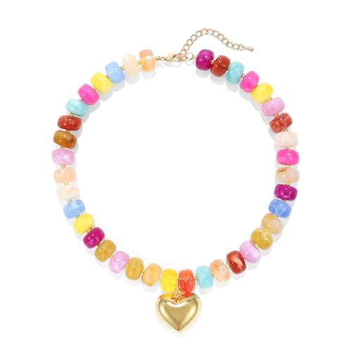 Chunky Heart Necklace for Women, Colorful Acrylic Beaded Statement Puff Heart Necklace, Cute Boho Y2K Choker Necklace for Gift Jewelry - color: Multi Colors-01