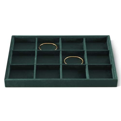 Velvet Stackable Jewelry Display Tray, 12 Grid Watch Bangle Bracelet Storage Tray, Makeup Drawer Insert Jewelry Shop Organizer Plate (Green) - color: Green, size: 12 Slot Bracelet Tray
