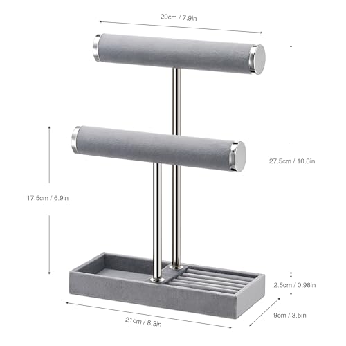 bussdis 2 Tier Bracelet Holder Display - Detachable T Bar Grey Velvet Bracelet Holder, Jewelry Holder Organizer for Bracelet, Necklace, Earrings, Rings - color: Grey