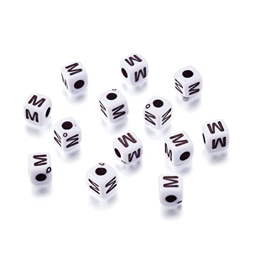 240pcs Opaque Acrylic Letter M Cube Beads White Plastic Alphabet Loose Spacer Square Beads 4-5mm for DIY Name Bracelet Necklace Jewelry Crafts Making Hole: 1.8mm - color: Letter M#White and Black