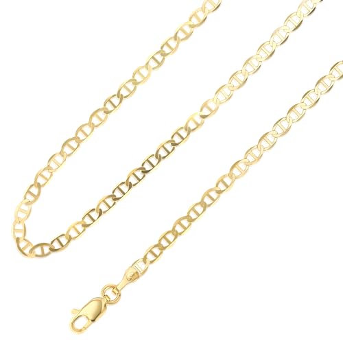 Ioka - 14K Yellow Solid Gold 3.4mm Flat Mariner Chain Necklace with Lobster Clasp