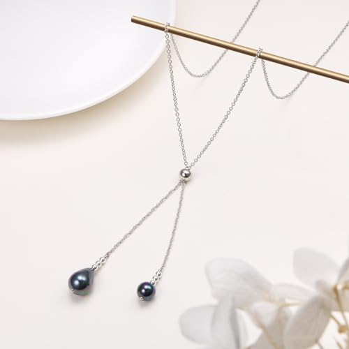 Long Necklace Sterling Silver Larait Bar Y Lariat Long Chain Drop Adjustable Necklace Gift for Her, 30" - style: Long Black Pearl Necklace