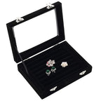 Jewelry Box Rings Organizer Tray 7 Slots Velvet Jewelry Earring Storage Box With Transparent Lid Jewelry Display Case for Girls Women (Black) - color: Black