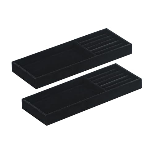 2Pcs Desk Drawer Storage Tray, Nightstand Organizer Tray, Necklace Bracelet Ring Earring Jewelry Display Tray, Grid Table Organizer Holder Tray for Sunglass, Phone, Watch, Perfume (2 grid)/Black - color: Black, size: 2 Grid