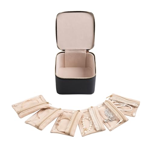 Frebeauty Small Travel Jewelry Box,Travel Jewelry Case with 6 Pouch Bags,Portable Travel Jewelry Organizer,Mini Jewelry Storage,3.35 x 4.9 x 4.8 Inches,Gift Idea for Women Girls(Black) - color: Black
