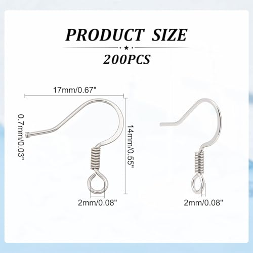 Pandahall 200pcs Stainless Steel Hypoallergenic Earring Hooks Fish Earwire with Coil for Jewelry Makings 14x17x2mm