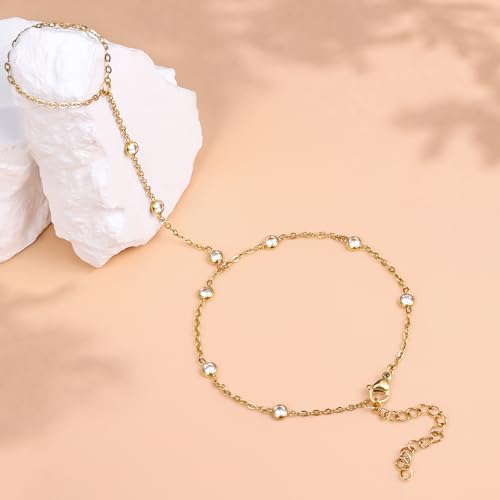 Gold Hand Chain Bracelet for Women, Ring Bracelet Hand Chain Non Tarnish Waterproof Dainty Finger Bracelet Beaded Cubic Zirconia Layered Twist Link Stack Bracelets Trendy Jewelry Gift for Her - color: CZ Chain