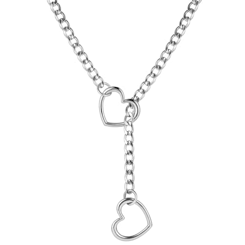 sroyte Heart Slip Chain Necklaces for Women,Stainless Steel O-Ring Adjustable Lariat Y-Necklace,Punk Gothic Cuban Collar Choker Necklace for women - color: Chunky Silver Heart, size: 31"