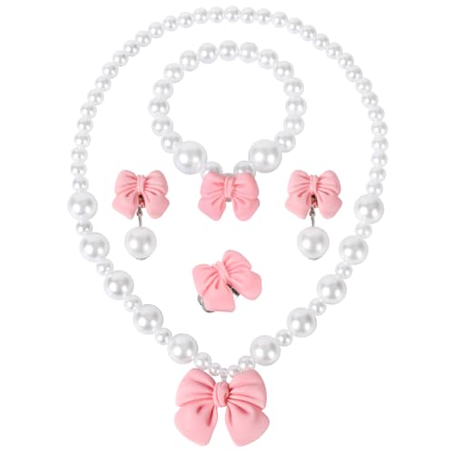 Princess Jewelry for Little Girls, Handmade Bow Pearl Kids Jewelry Set, Stretch Necklace Bracelets Rings and Clip on Earrings, Perfect for Dress Up, Birthday Parties, and Costume Play - color: Pink