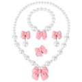 Princess Jewelry for Little Girls, Handmade Bow Pearl Kids Jewelry Set, Stretch Necklace Bracelets Rings and Clip on Earrings, Perfect for Dress Up, Birthday Parties, and Costume Play - color: Pink