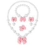 Princess Jewelry for Little Girls, Handmade Bow Pearl Kids Jewelry Set, Stretch Necklace Bracelets Rings and Clip on Earrings, Perfect for Dress Up, Birthday Parties, and Costume Play - color: Pink