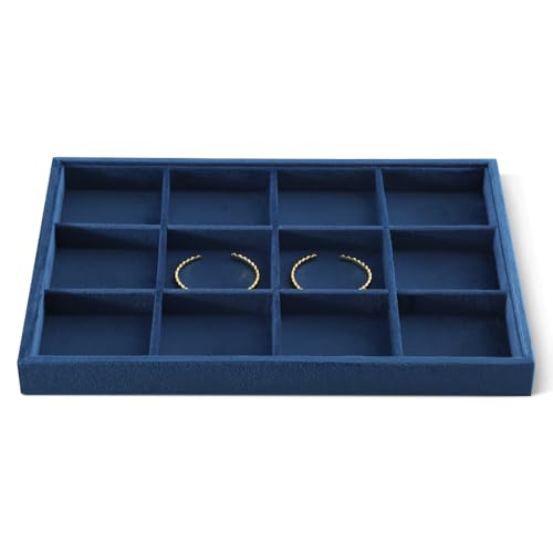 Velvet Stackable Jewelry Display Tray, 12 Grid Watch Bangle Bracelet Storage Tray, Makeup Drawer Insert Jewelry Shop Organizer Plate (Blue) - color: Blue, size: 12 Slot Bracelet Tray