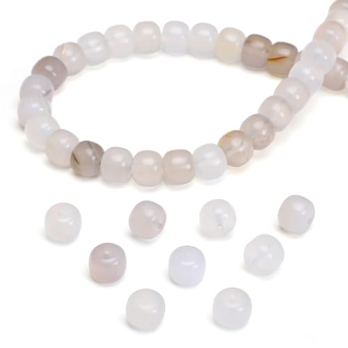 BEADIA Natural White Agate Flat Cut Round Drum Stone 8mmx7mm Loose Semi Gemstone Beads for Jewelry Making 38cm - color: White Agate