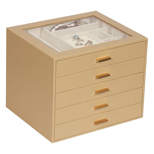 Jewelry Box with Glass Lid, 5-Layer Jewelry Organizer for Women Girls, PU Leather Display Case with 20-Grid Earring Tray & Movable Dividers for Necklaces Rings,Camel - color: Camel, size: 5-Layer