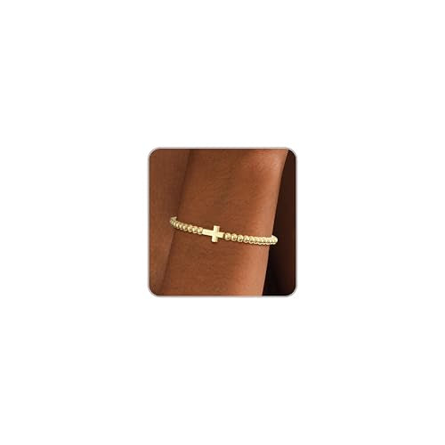 Mothers Day Gifts - Beaded Bracelets for Women 14K Silver Gold Plated Stretch Handmade Ball Bracelets Cute Charm Bracelet Dainty Stackable Cross Heart Bow Wave CZ Circle Trendy Jewelry Easter Gifts - color: cross