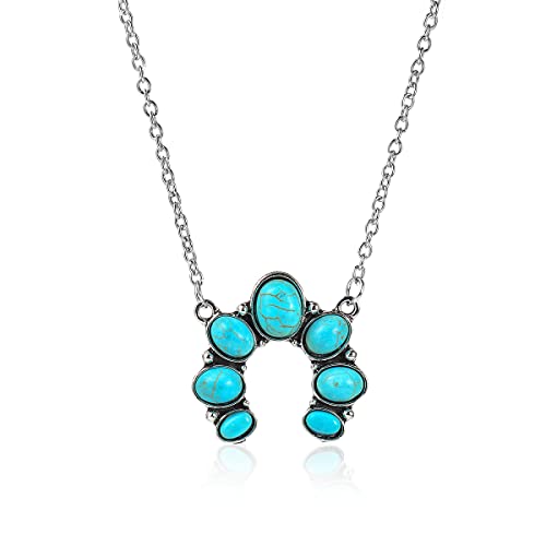 Pingyongchang Natural Turquoise Necklace Boho Bead Silver Cross Vintage Statement Pendant Necklace Handmade Turquoise Western Necklaces Jewelry for Women - color: Flower