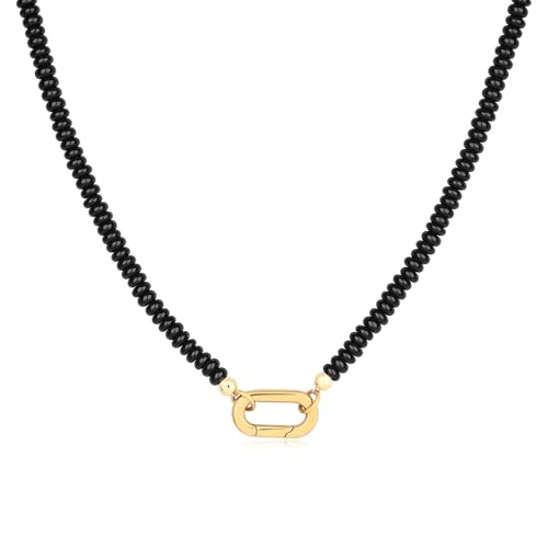 SAMYA 4×2mm Beaded Necklace for Women, Minimalist Charm Necklace with Gold Oval Clasp, 18" Length for Everyday Wear - color: Black Onyx