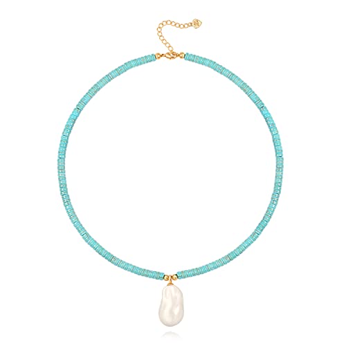 CANEVINKA Bohemian Beaded Choker Necklace 18K Gold Plated Bead Pendant Necklace Vintage Handmade Jewelry for Women - style: big pearl